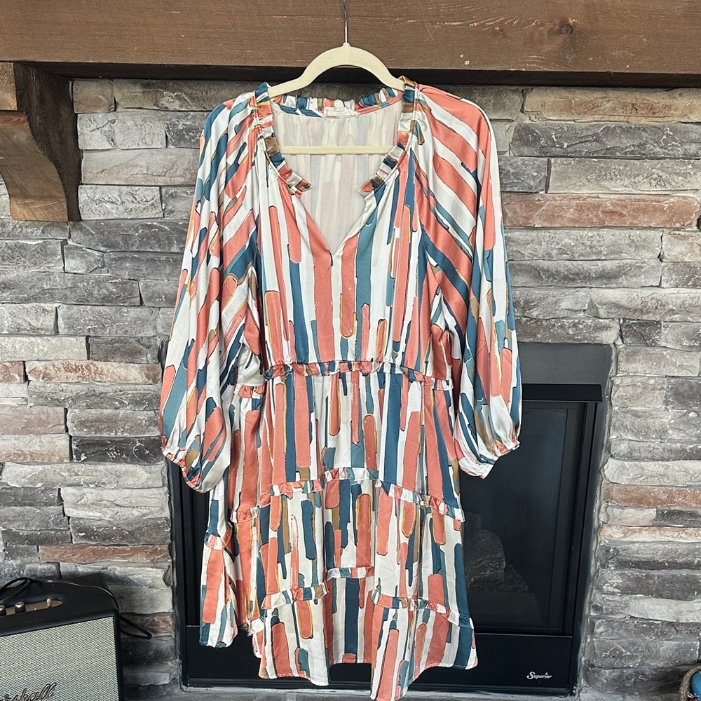 Entro Vibrant Long Sleeve Dress - Coral, Teal, White